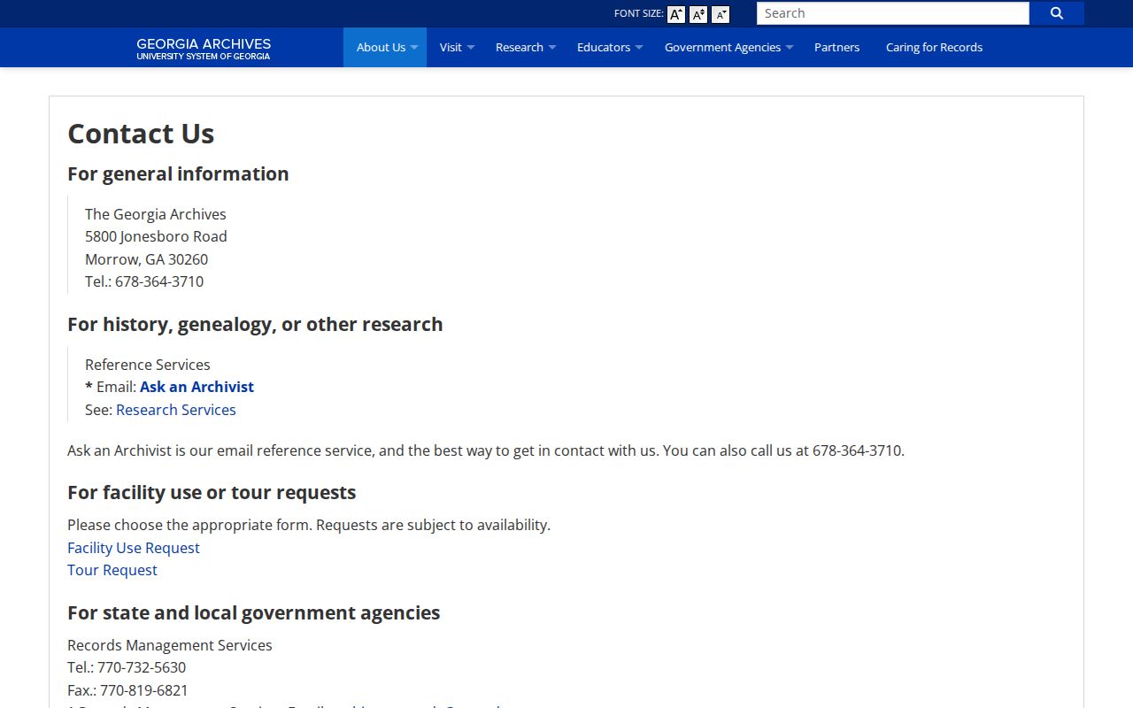 Georgia Archives access and contact information
