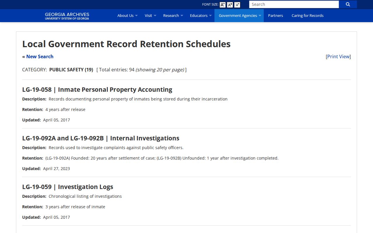 Georgia Archives local jail-record retention schedule
