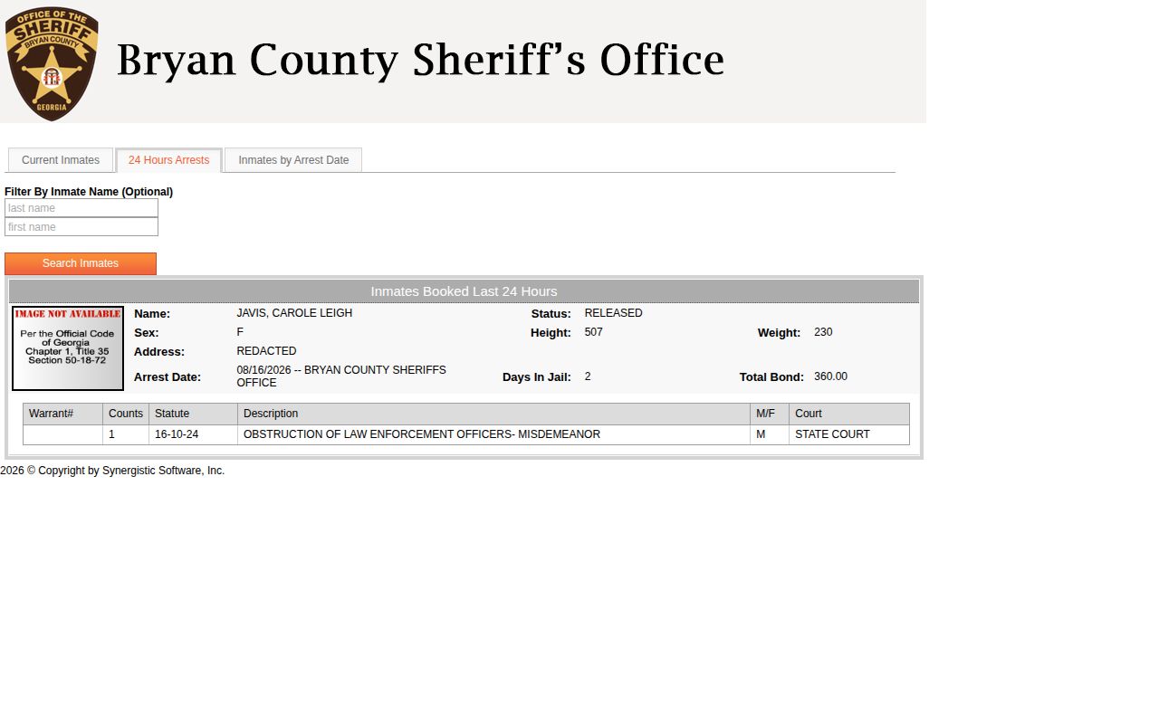 Bryan County 24-hour booking feed interface
