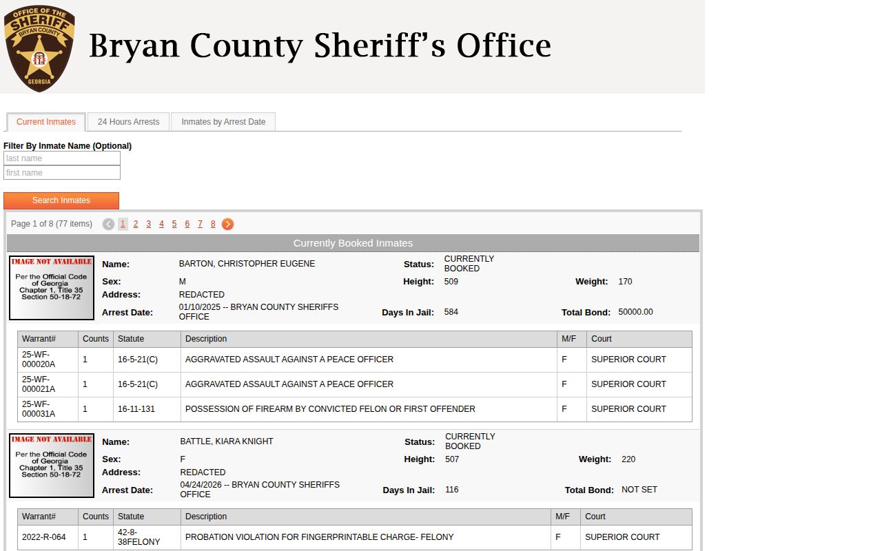 Bryan County current inmate roster search interface