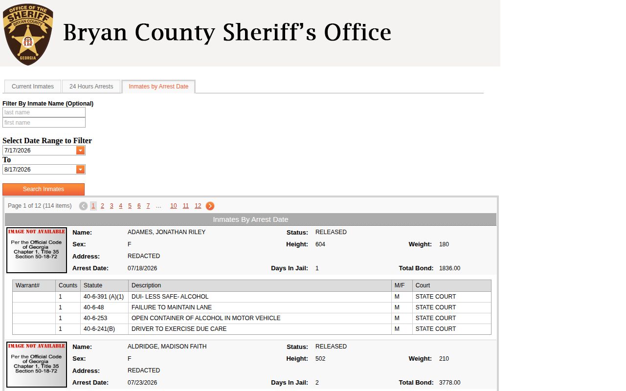 Bryan County booking search by arrest date
