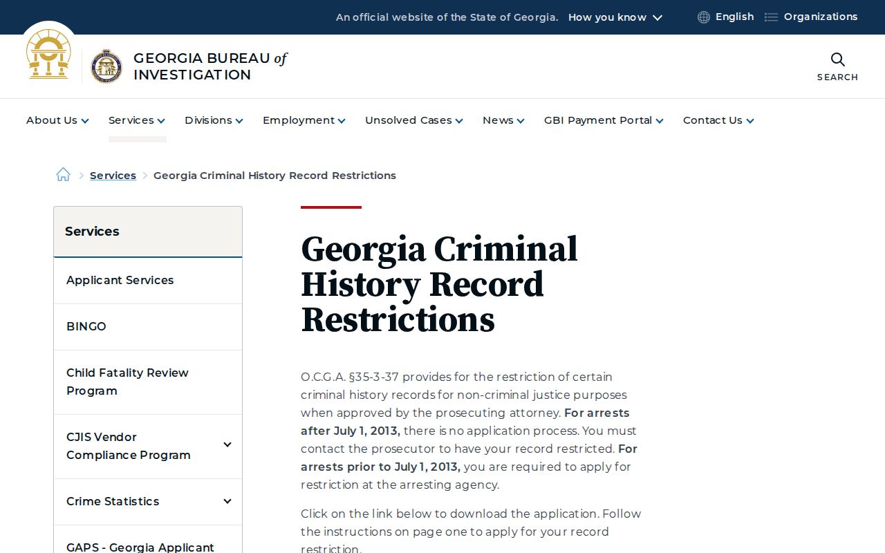 Georgia record restriction information relevant to Bryan County booking records